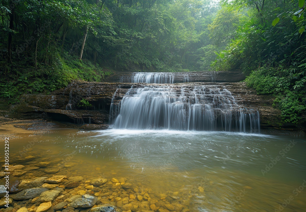 Poster serene waterfall cascade surrounded by lush green forest with soft mist and tranquil stream in sceni