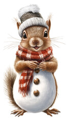 Fototapeta premium Cute squirrel with winter hat and scarf looking like a snowman, perfect for winter and Christmas projects