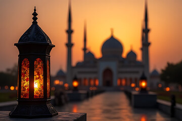 Stunning Lantern with Colorful Stained Glass and Mosque