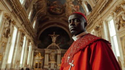 Naklejka premium black bishop dressed in red in the vatican, concept of election of the new pope
