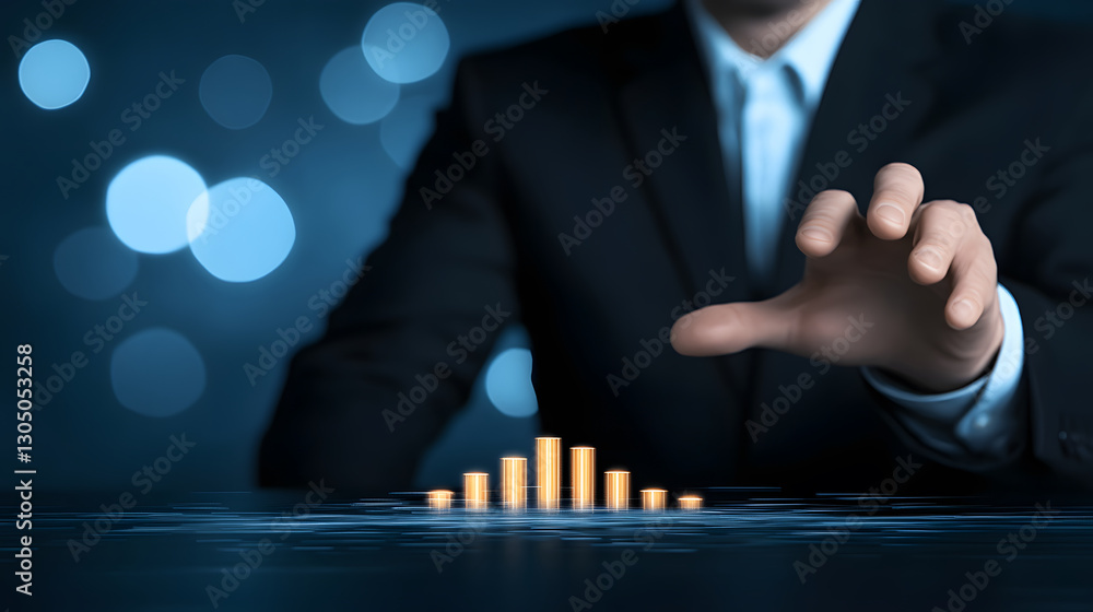 Poster a businessman reaches out towards a rising bar graph, symbolizing growth and success in a profession