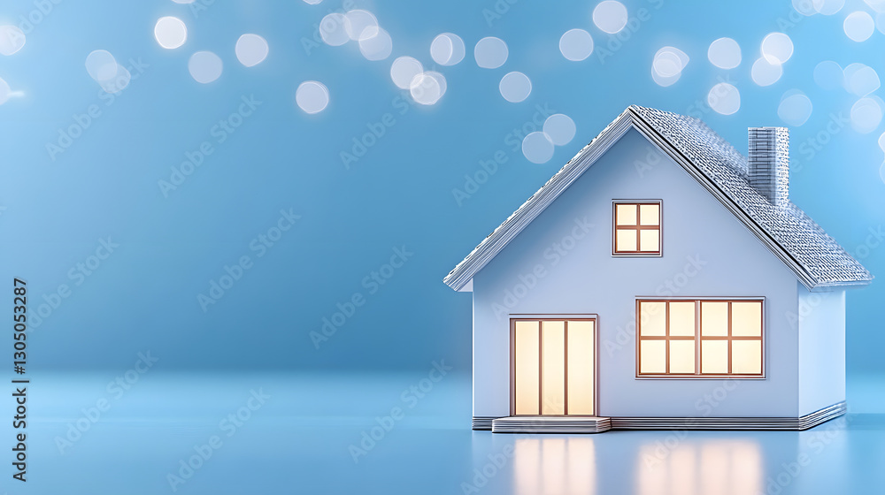 Poster a charming blue house model is set against a soft, glowing background, creating a serene and invitin