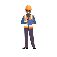 Young foreman in safety jacket taking notes on clipboard.