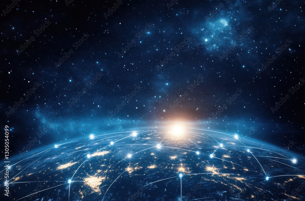 Poster stunning view of earth from space with a network of connections glowing against a backdrop of stars 