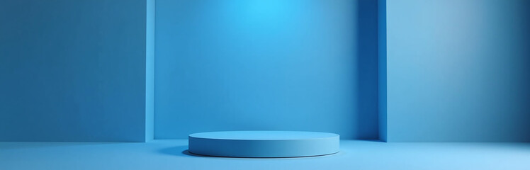 Modern Studio Backdrop With A Blue Podium Stage Against A 3d Empty Space, Perfect For A Clean And Minimalist Presentation Display.