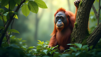 Obraz premium Orangutan and Rainforest Border Frame with Copy Space for World Wildlife Day Habitat Preservation