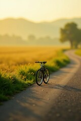 Obraz premium Serene Sunrise Bicycle Ride on Rural Asphalt Path