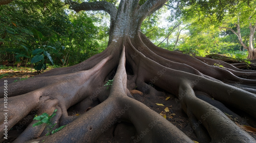 Poster a massive tree with roots spreading across an entire forest.