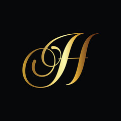 Elegant golden letter H Calligraphy on black background Luxury Typography Design