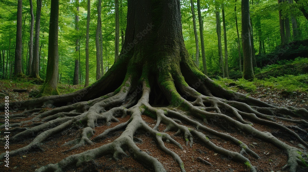 Poster a massive tree with roots spreading across an entire forest.