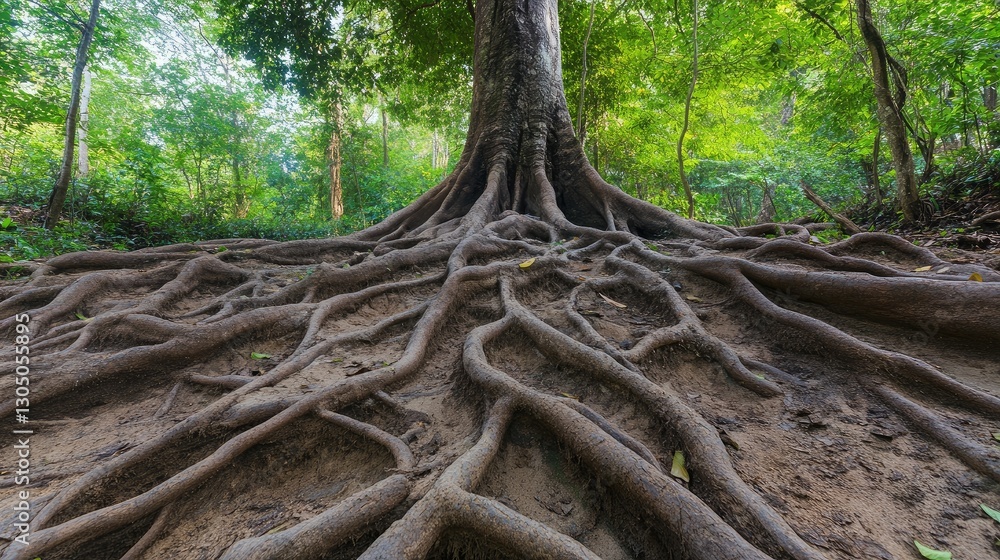 Poster a massive tree with roots spreading across an entire forest.