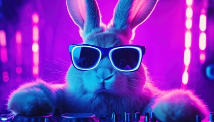 Trendy Young Dj Bunny Rocking Neon Sunglasses In The Enchanting Glow, Grooving To The Music