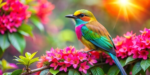 Fototapeta premium Vibrant Rainbow Bird Perched on a Branch Adorned with Vivid Pink Blossoms Under a Sunny Sky