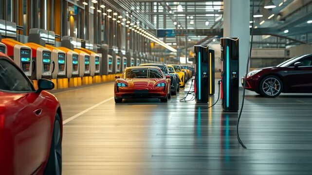 Electric Cars Charging: A modern row of sleek electric cars lined up at charging stations inside a bright, futuristic facility, highlighting the future of transportation and sustainability.