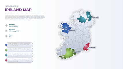 Total Area, Papulation, States & More Detailed Infographic Map of Ireland. Ireland country map infographic colored vector template with regions and pointer marks.