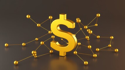 Golden Dollar Symbol Surrounded by Connecting Nodes and Particles