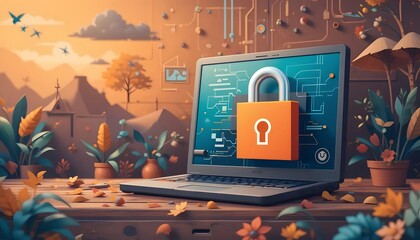 Secure Computer Connection with Digital Lock Symbolizing Online Safety in Autumn Setting