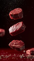 Fototapeta premium Ultra-detailed shot of marbled entrecôte steaks suspended in mid-air, falling toward a deep red background, showcasing rich fat marbling and juicy texture with dramatic lighting and motion blur.