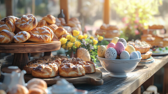 Outdoor Easter Brunch Buffet with Fresh Bread, Decorated Eggs, and Flowers