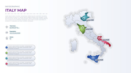 Total Area, Papulation, States & More Detailed Infographic Map of Italy. Italy country map infographic colored vector template with regions and pointer marks.