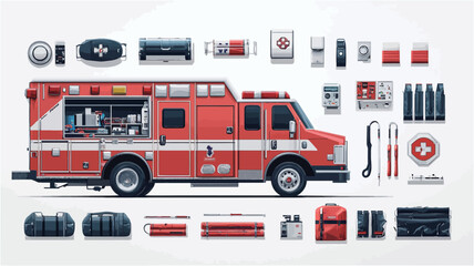 A digital illustration showcases a red emergency medical vehicle in profile view, positioned centrally.  Surrounding the vehicle are various pieces of medical equipment and supplies,