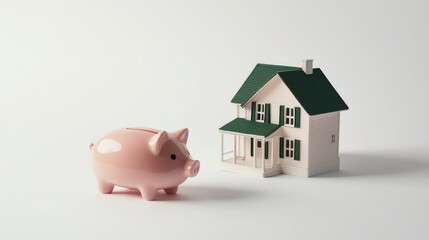 A pink piggy bank positioned beside a white model house with a green roof, embodying the idea of saving for a dream home.