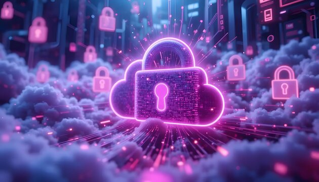 Digital cloud security concept with glowing lock and data protection, vibrant neon colors, technology theme