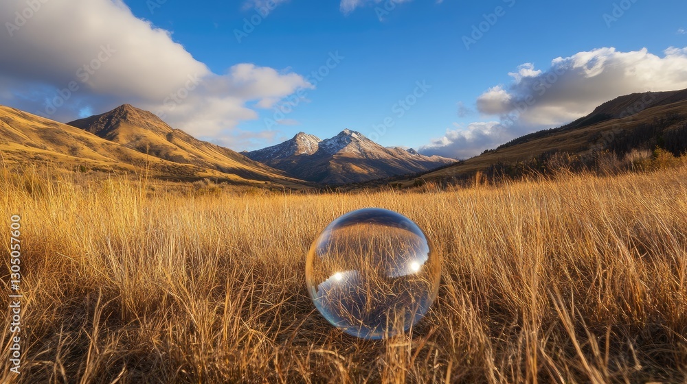 Poster a perfectly round bubble floating in a golden field.