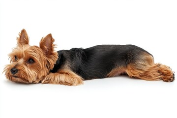Adorable yorkshire terrier resting peacefully on white background capturing its playful spirit and charming expression in studio shot