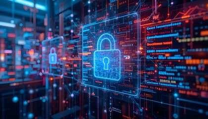 Digital Security Concept with Animated Lock Symbols and Cybersecurity Background in Futuristic Environment