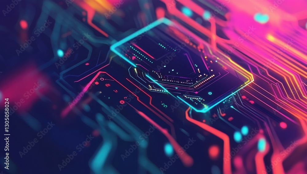 Poster vibrant abstract background showcasing intricate circuitry with glowing neon lines and digital patte