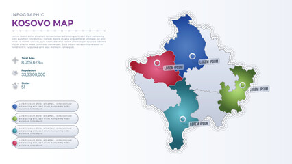Fototapeta premium Total Area, Papulation, States & More Detailed Infographic Map of Kosovo. Kosovo country map infographic colored vector template with regions and pointer marks.