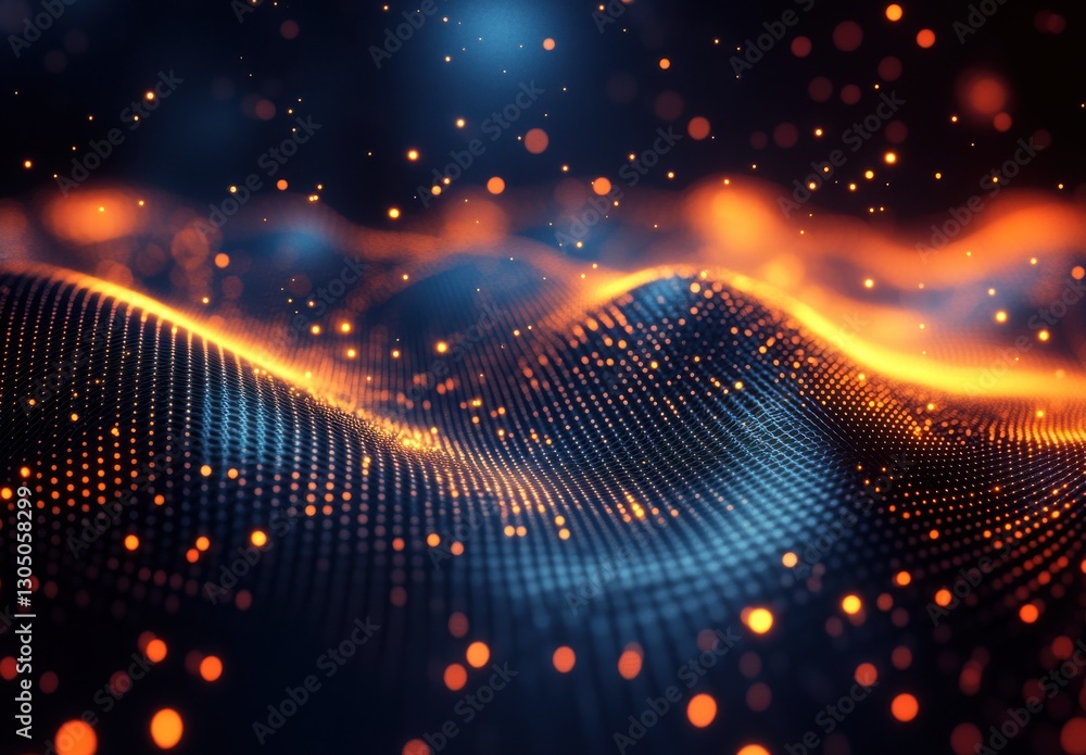 Poster vibrant abstract background of dynamic waves displaying orange and blue light particles in a digital