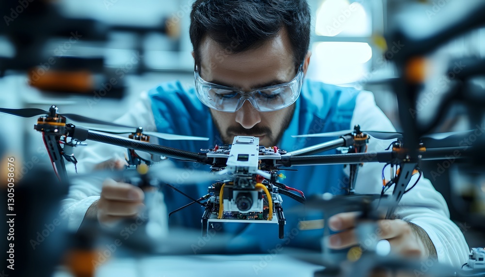 Leinwandbilder technician assembling multirotor drone in high-tech workshop