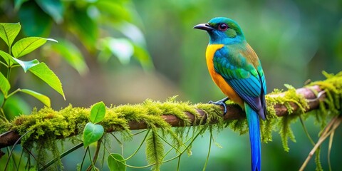 Obraz premium Vibrant Tropical Bird Perched on Mossy Branch in Lush Green Foliage