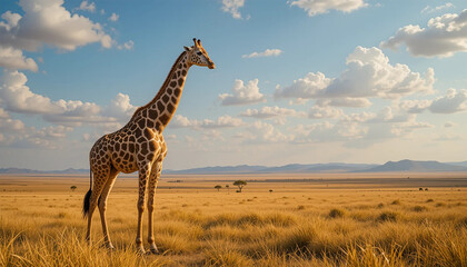 Obraz premium awe-inspiring giraffe embodies breathtaking splendor and boundless expanse of African savanna, adorned with its resplendent golden grasslands and far-reaching horizons