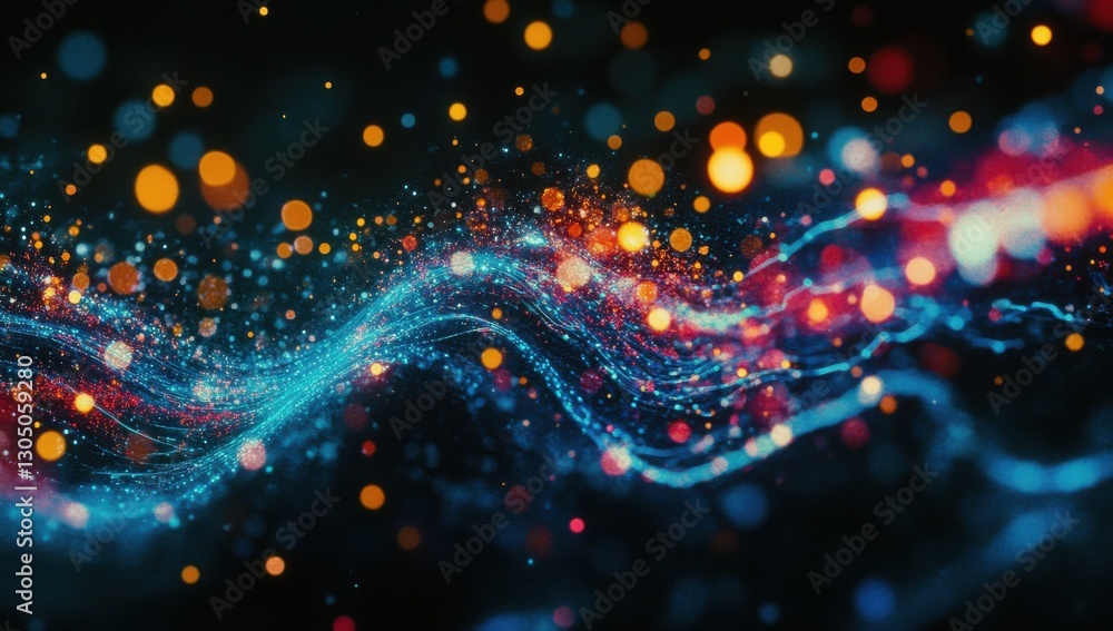 Poster vibrant abstract light trails with colorful bokeh effect and glowing particles on a dark background 