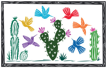 Set of colorful birds and cacti in the style of Brazilian cordel woodcut. Colibris and desert cacti. Vector illustration.eps