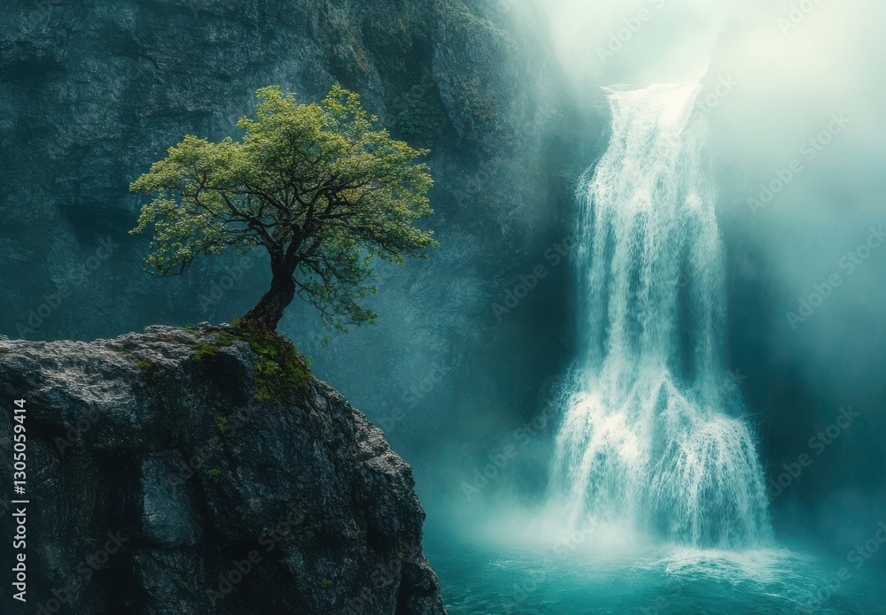 Poster serene waterfall cascading down rock cliff with isolated lush green tree under soft misty light in a
