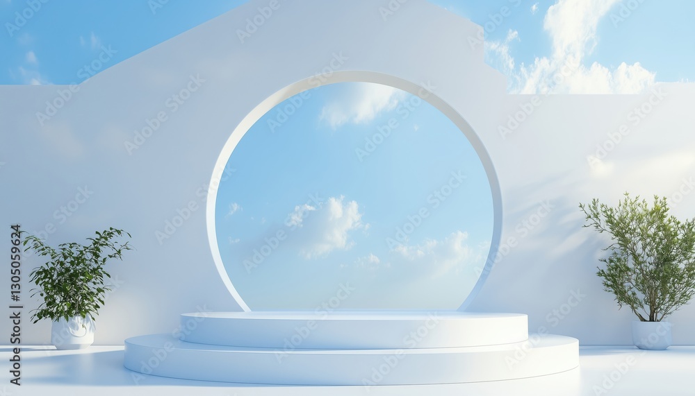 Poster modern rendering of abstract white podium against blue sky: geometric platform for displaying produc
