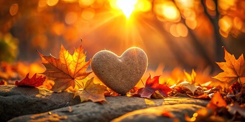 Fototapeta premium Autumn Kindness: Silhouette of a Rock Shaped Like a Heart Amidst Falling Leaves
