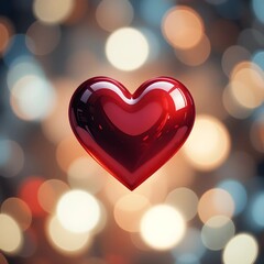 Radiant Heart: A vibrant, glossy red heart levitates in front of a softly blurred background of bokeh lights. The scene creates a feeling of love, romance, and connection. Ai generated image.