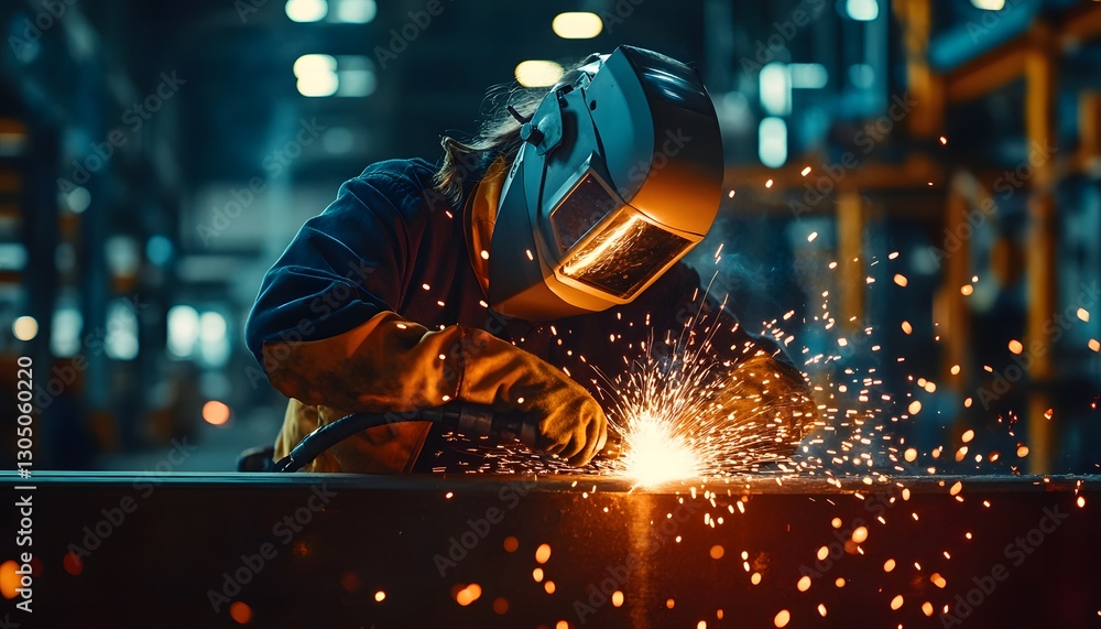Poster Welder Creating Sparks While Working on Metal Fabrication Piece