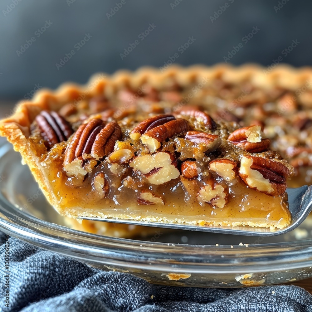 Poster delicious pecan pie slice being served on a gray cloth with a dark background in a close up shot wit