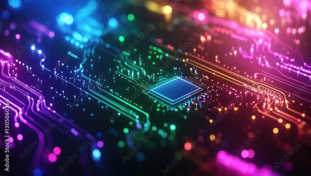Aufkleber vibrant abstract technology circuit board with colorful lights and microchip design for futuristic b