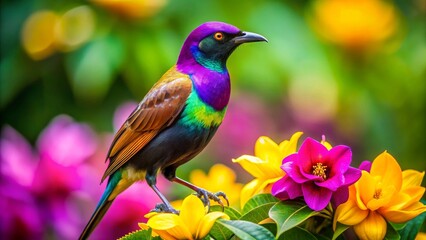 Fototapeta premium Vibrant Plumage, A Jewel-toned Bird Perched Amidst a Lush Garden of Colorful Blossoms