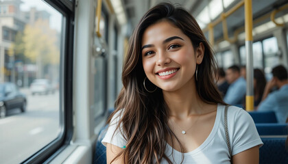 Happy young Latina woman in public transportation