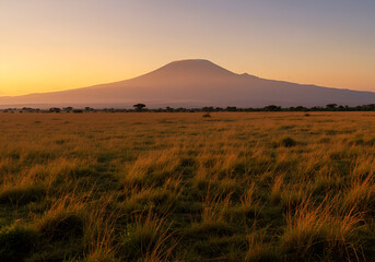 Obraz premium remarkable landscape of Kenyan savanna at twilight, with its tranquil grandeur, embodies distant Mount Kilimanjaro, vast plains, and profound connection between land and sky