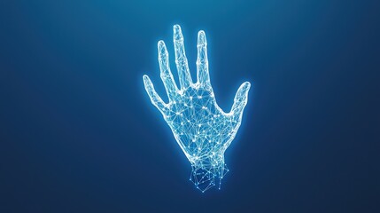 Naklejka premium Futuristic Digital Hand Representation with Neon Blue Lines and Nodes