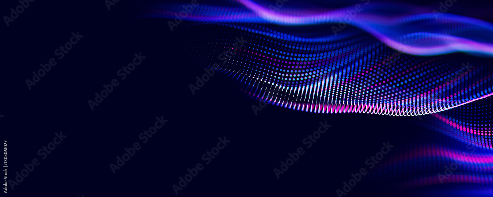 Poster Abstract wave of particles. Big data digital flow concept. LLM learning process, AI technology. Quantum computing. 3d render illustration with place for text